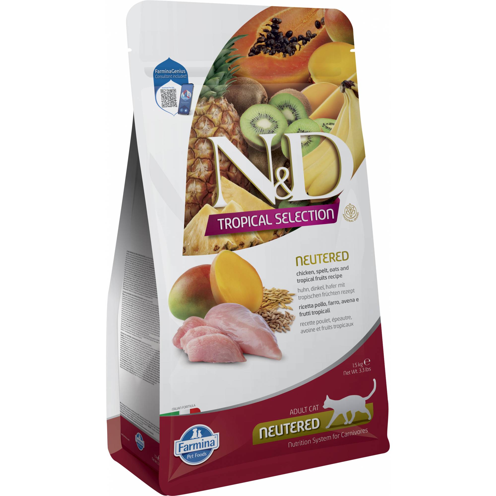 Farmina - N&D Tropical Feline Adult Neutered - Chicken, Spelt, Oats & Tropical Fruits 1.5kg