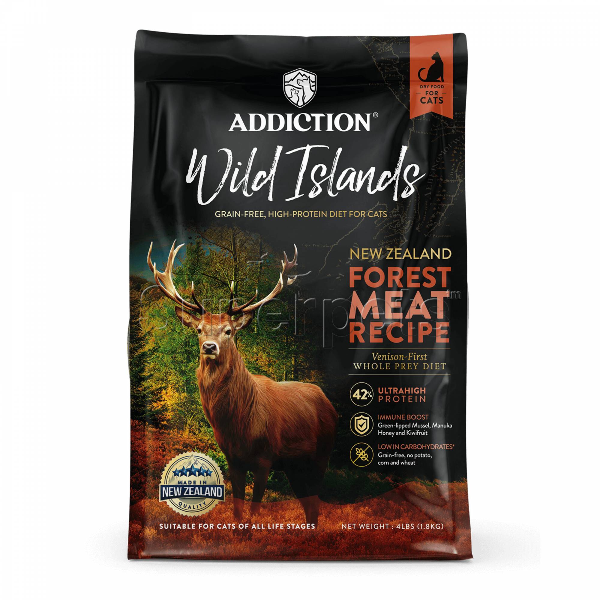 Addiction Wild Islands NZ Forest Meat Recipe Venison-First Dry Cat Food (4lb) (79298)