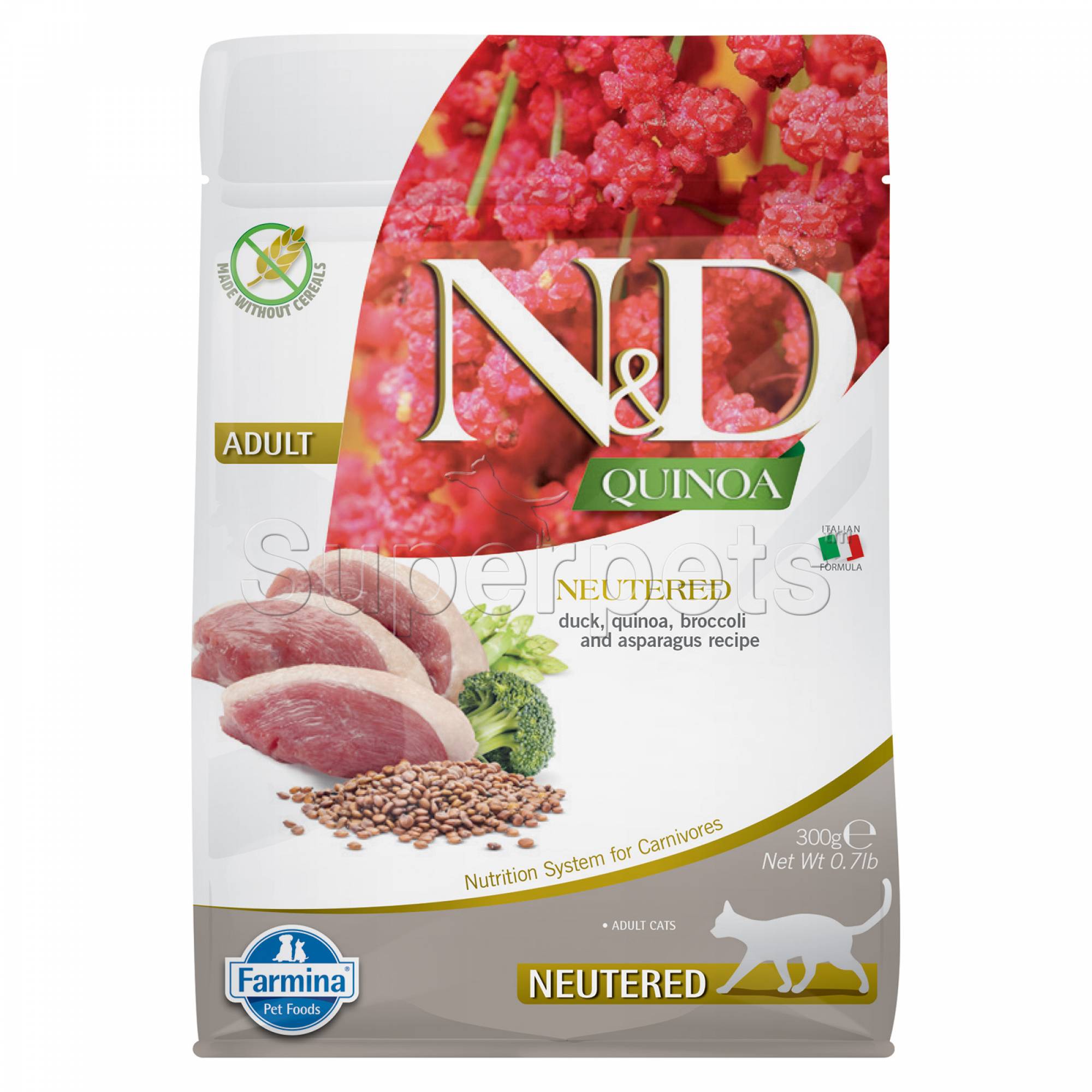 Farmina - N&D Quinoa Feline Adult - Neutered - Duck, Quinoa, Broccoli and Asparagus Recipe 300g