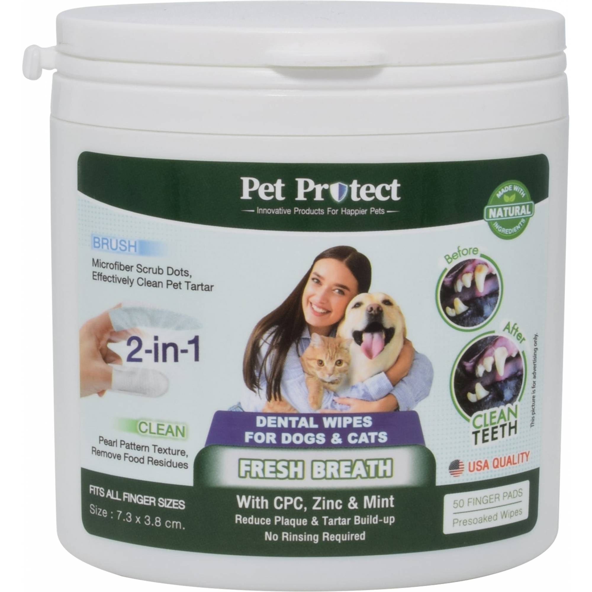 Pet Protect - Cat & Dog 2 in 1 Dental Wipes 50pc (Finger size wipe)
