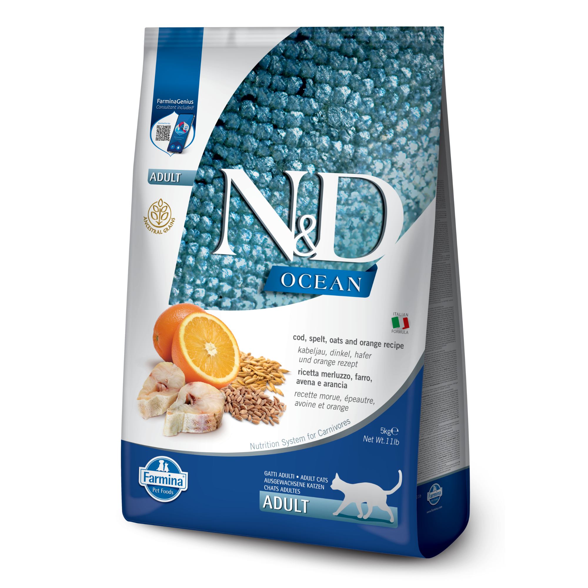 Farmina N&D Cat Adult Ocean Ancestral Grain - Codfish, Spelt, Oats & Orange
