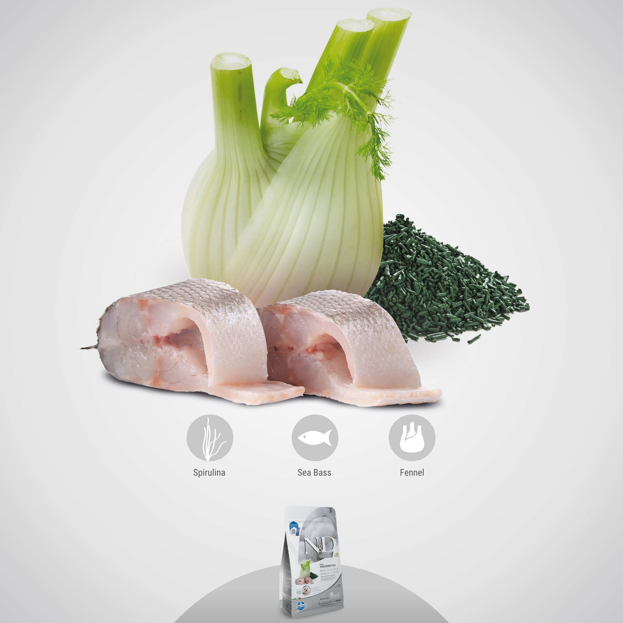 Farmina N&D White Coat Dog Adult Mini - Seabass, Potato, Spirul & Fennel 2kg