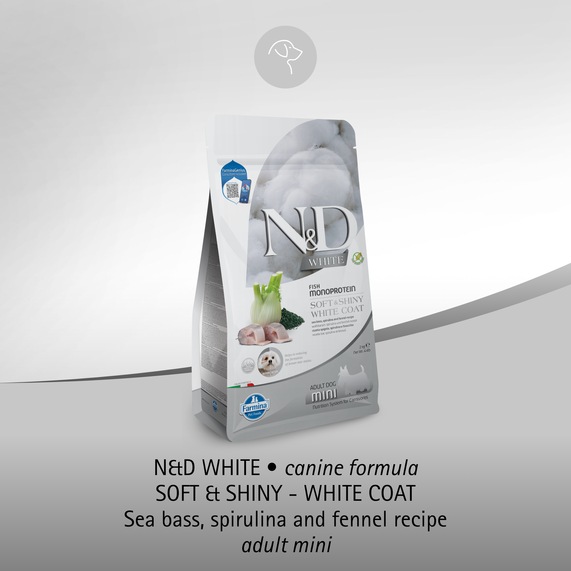 Farmina N&D White Coat Dog Adult Mini - Seabass, Potato, Spirul & Fennel 2kg