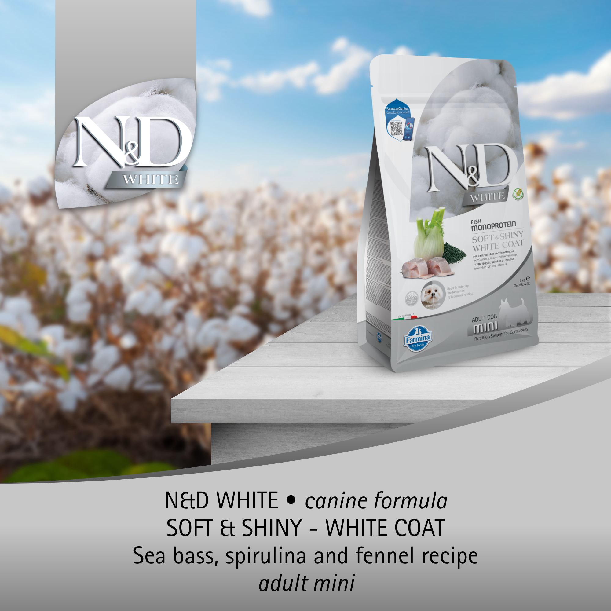 Farmina N&D White Coat Dog Adult Mini - Seabass, Potato, Spirul & Fennel 2kg