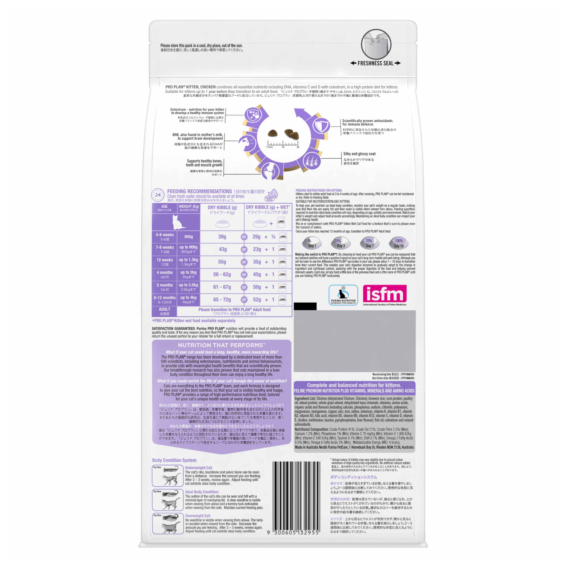 Back view of a purina pro plan kitten chicpackage with nutritional information 