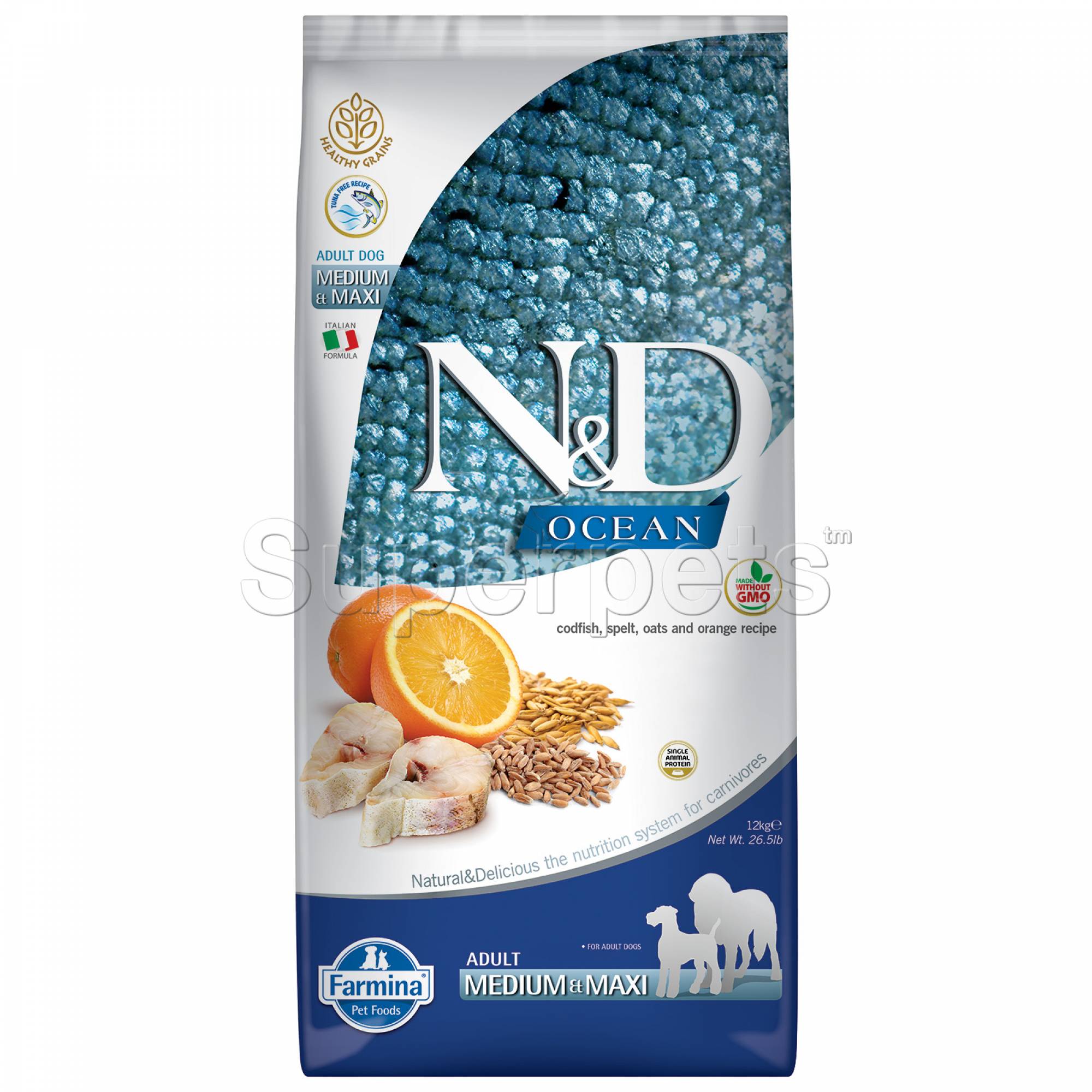 Farmina - N&D Ocean Canine Adult Medium/Maxi - Codfish, Spelt, Oats & Orange 12kg