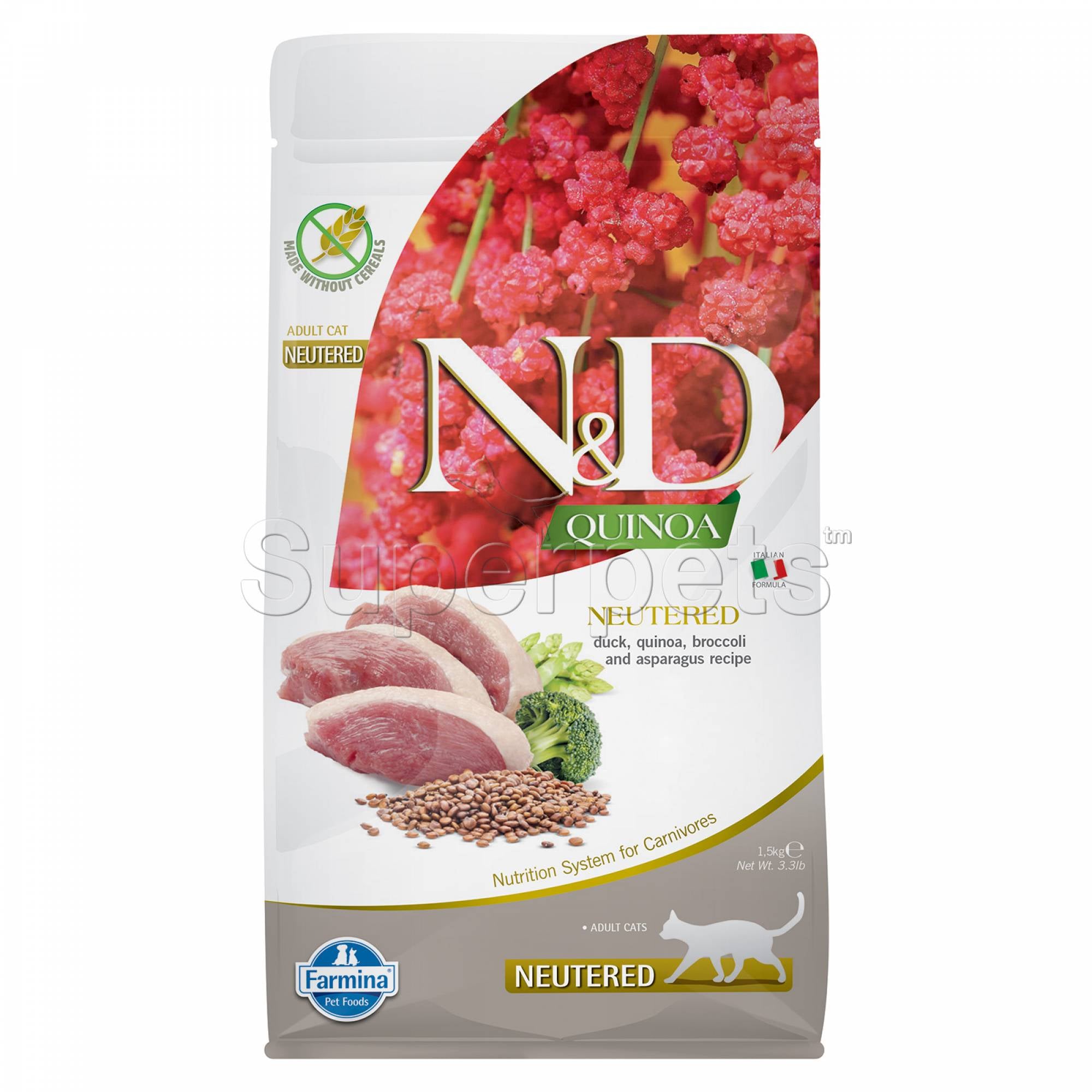 Farmina - N&D Quinoa Feline Adult - Neutered - Duck, Quinoa, Broccoli and Asparagus Recipe 1.5kg