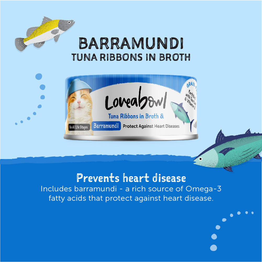 Loveabowl Tuna Ribbons in broth with Barramundi 70g x 24 cans (1 Carton)