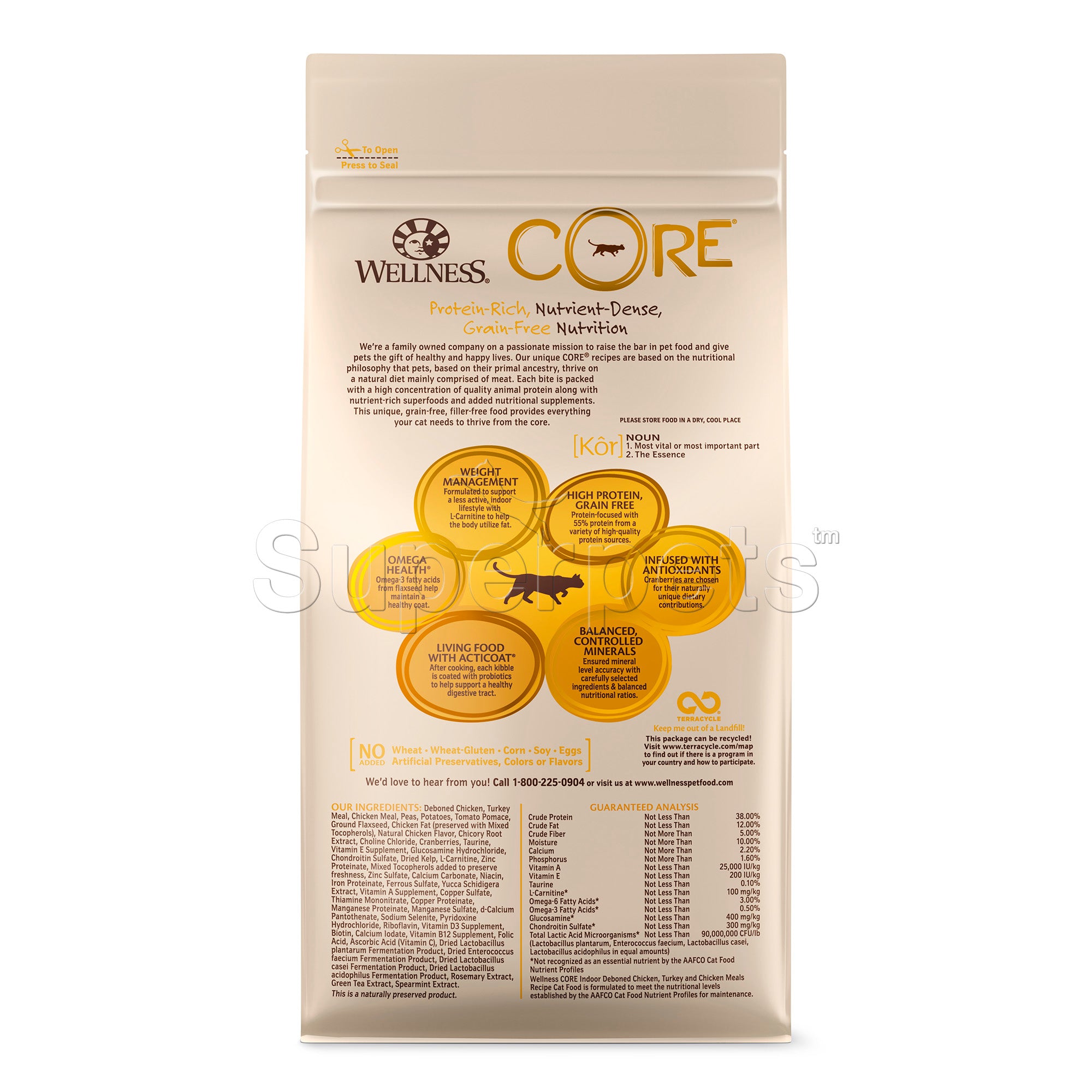 Wellness - Cat Dry Core Grain-Free Indoor Deboned Chicken, Turkey & Chicken Meals Recipe 2lb (0.9kg)