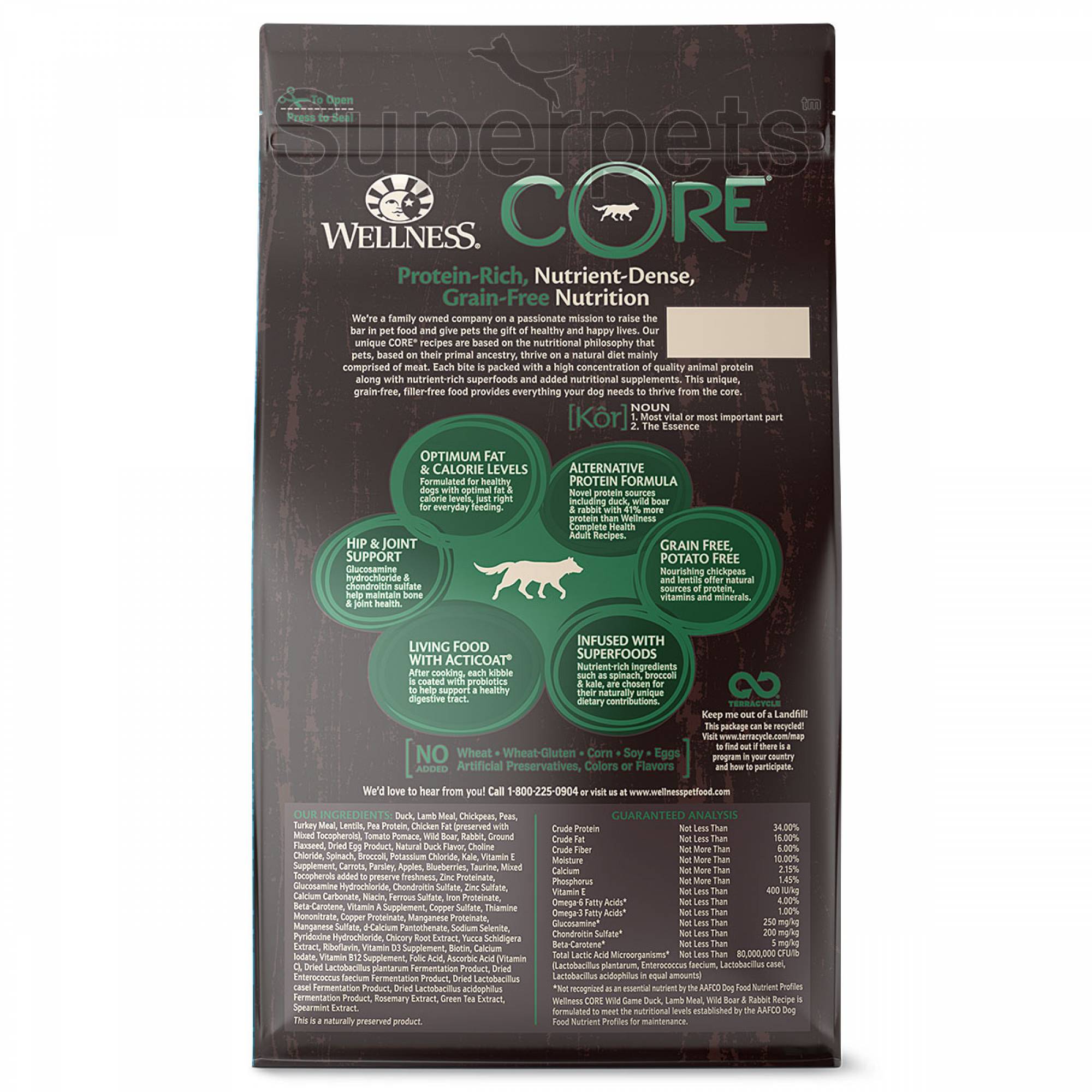 Wellness - Dog Dry Core Grain-Free Wild Game Duck, Lamb, Wild Boar & Rabbit Recipe 4lb (1.8kg)