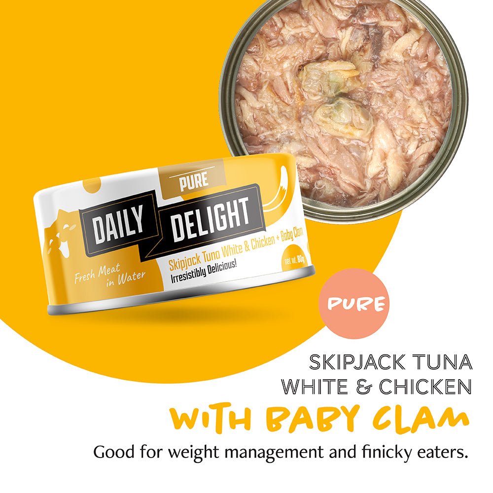 Daily delight Pure Skipjack Tuna White & Chicken with Baby Clam 80gCatsSuperpets Trading