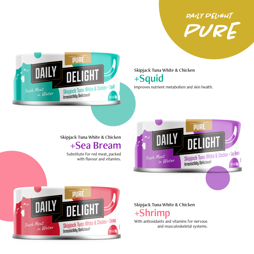Daily delight Pure Skipjack Tuna White & Chicken with Sea Bream 80gCatsSuperpets Trading
