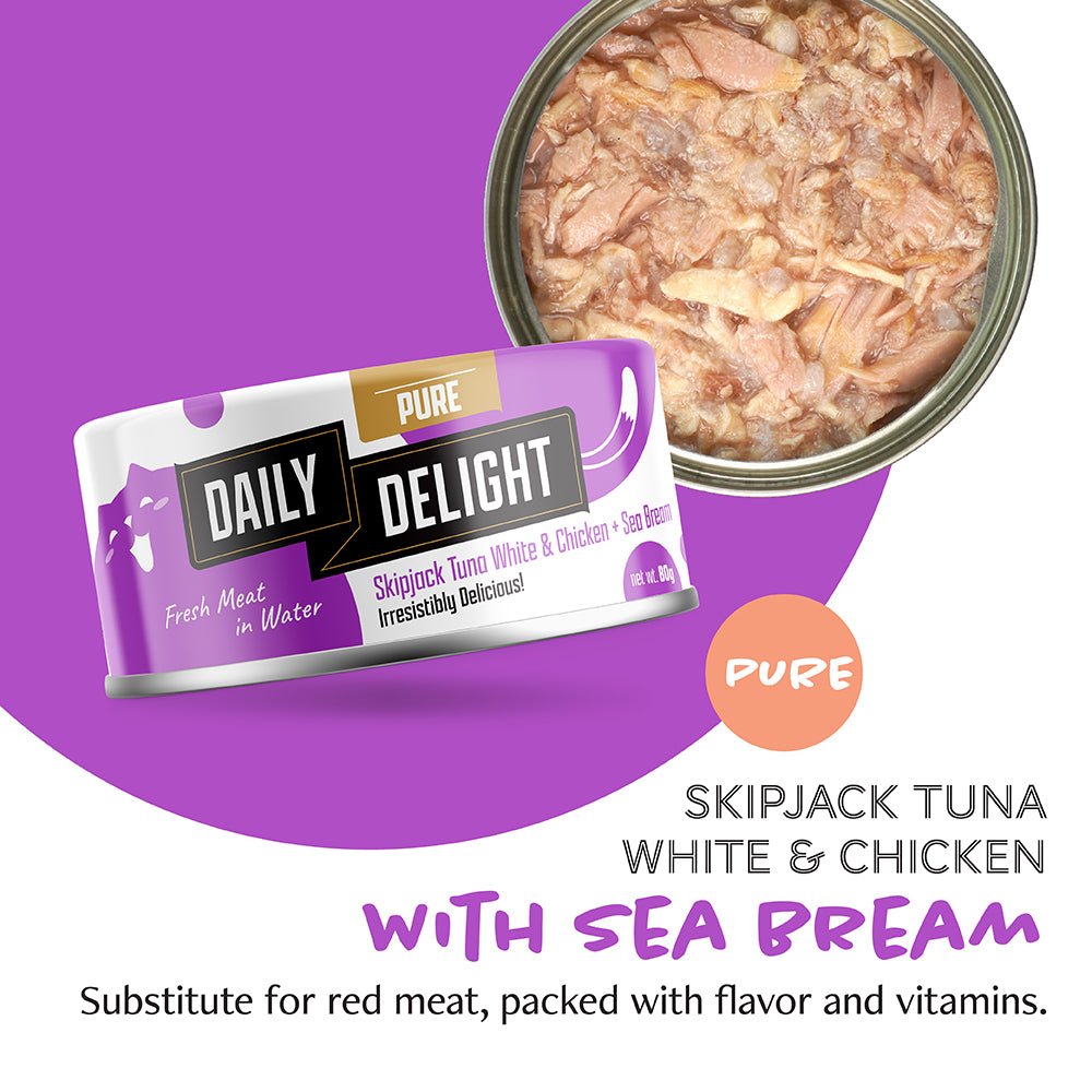 Daily delight Pure Skipjack Tuna White & Chicken with Sea Bream 80gCatsSuperpets Trading