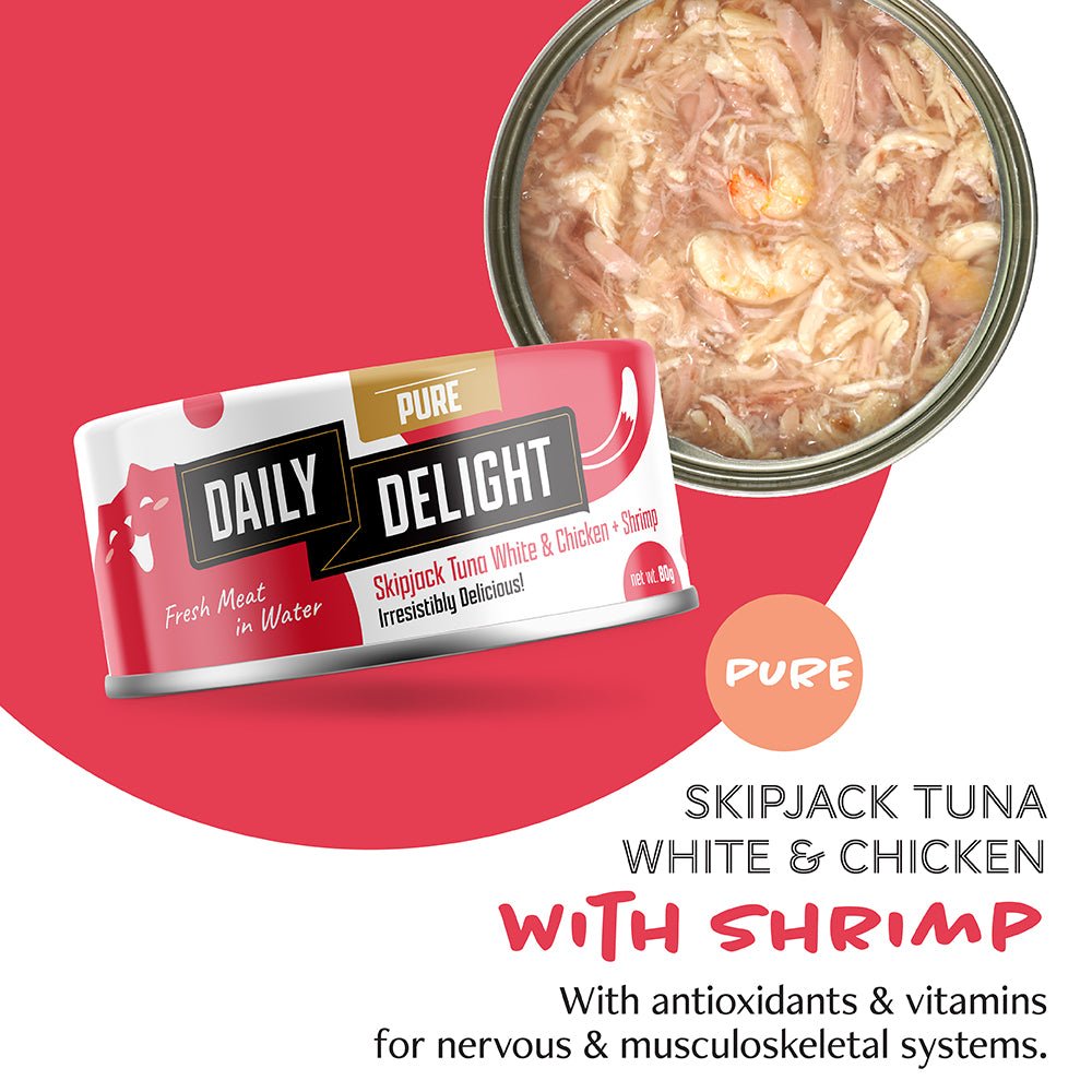 Daily delight Pure Skipjack Tuna White & Chicken with Shrimp 80gCatsSuperpets Trading