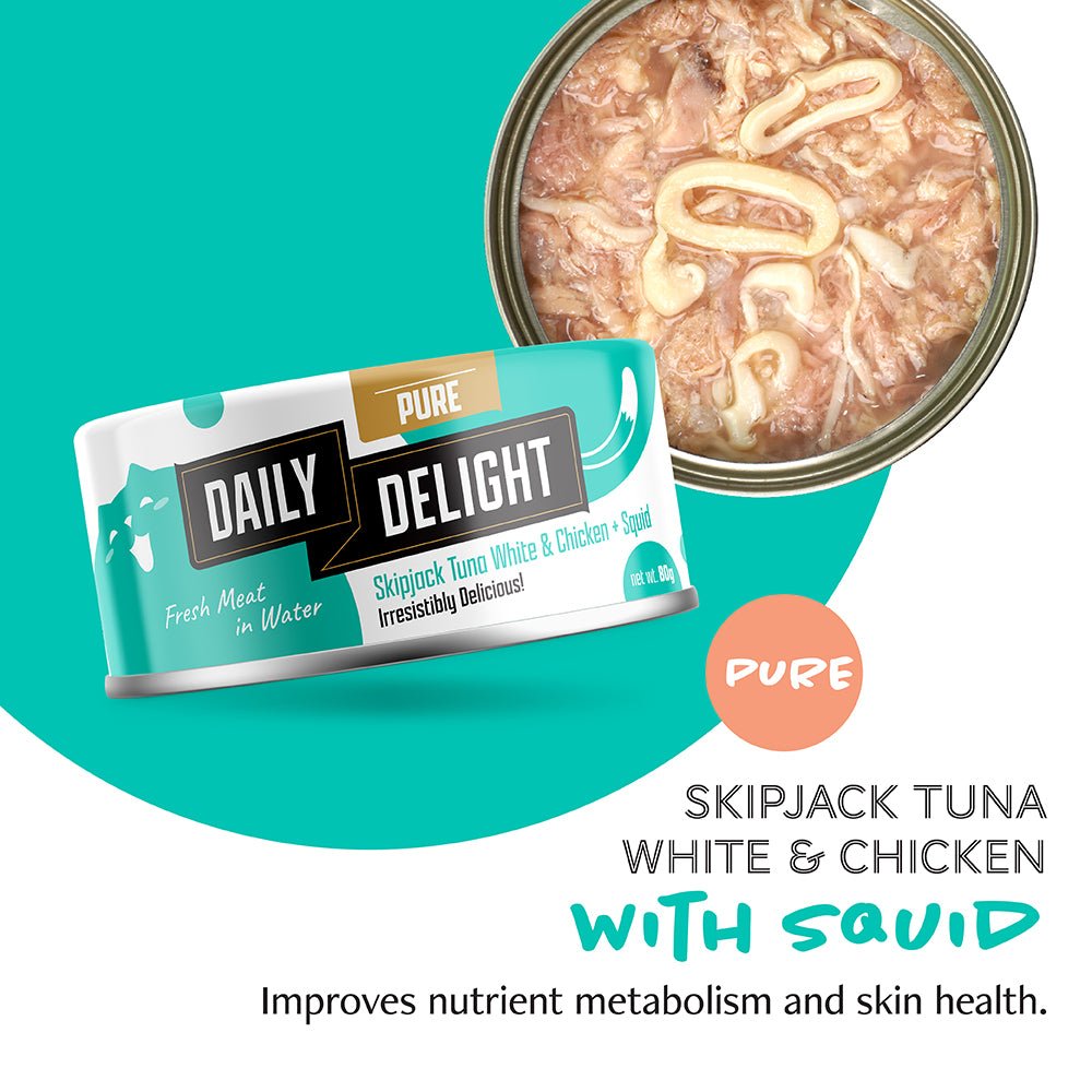 Daily delight Pure Skipjack Tuna White & Chicken with Squid 80gCatsSuperpets Trading