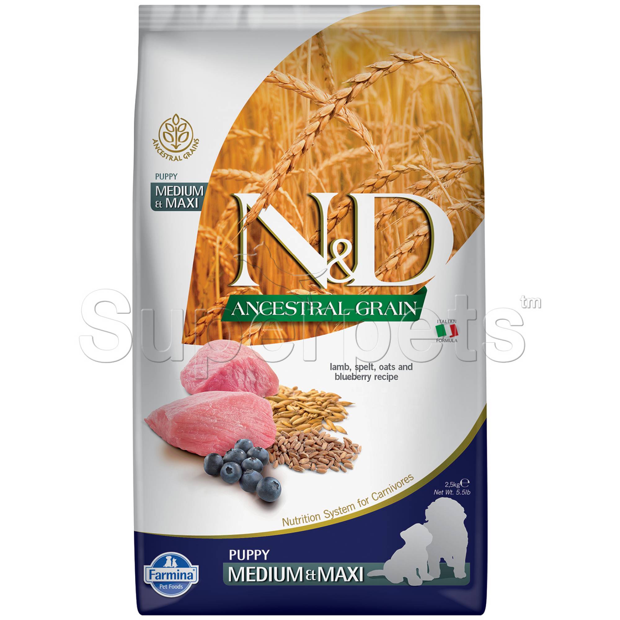 Farmina - N&D Ancestral Grain Dog Puppy Medium & Maxi - Lamb & Blueberry 2.5kgDogsSuperpets Trading