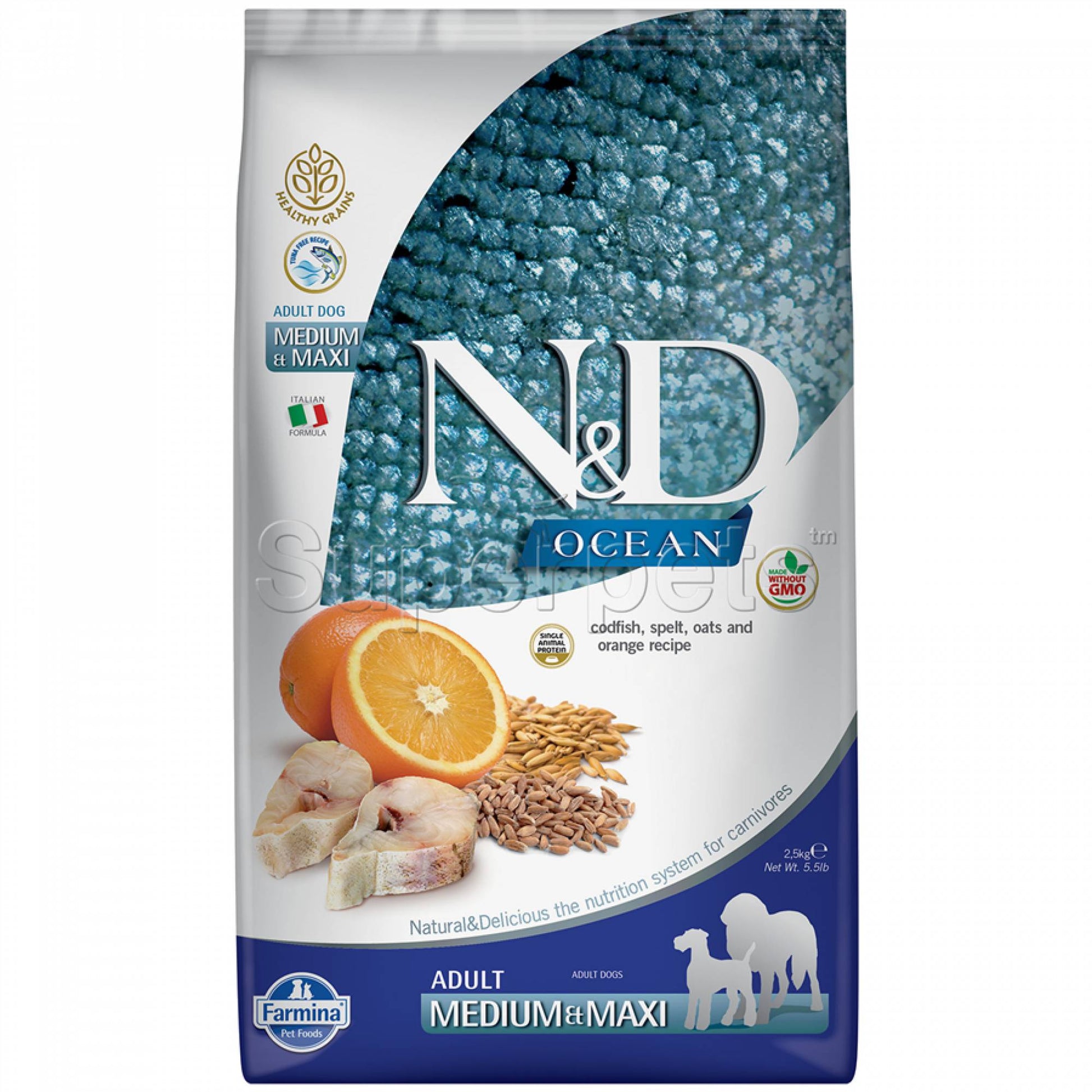 Farmina - N&D Ancestral Grain Ocean Dog Adult Medium/Maxi - Codfish, Spelt, Oats & Orange 2.5kgDogsSuperpets Trading