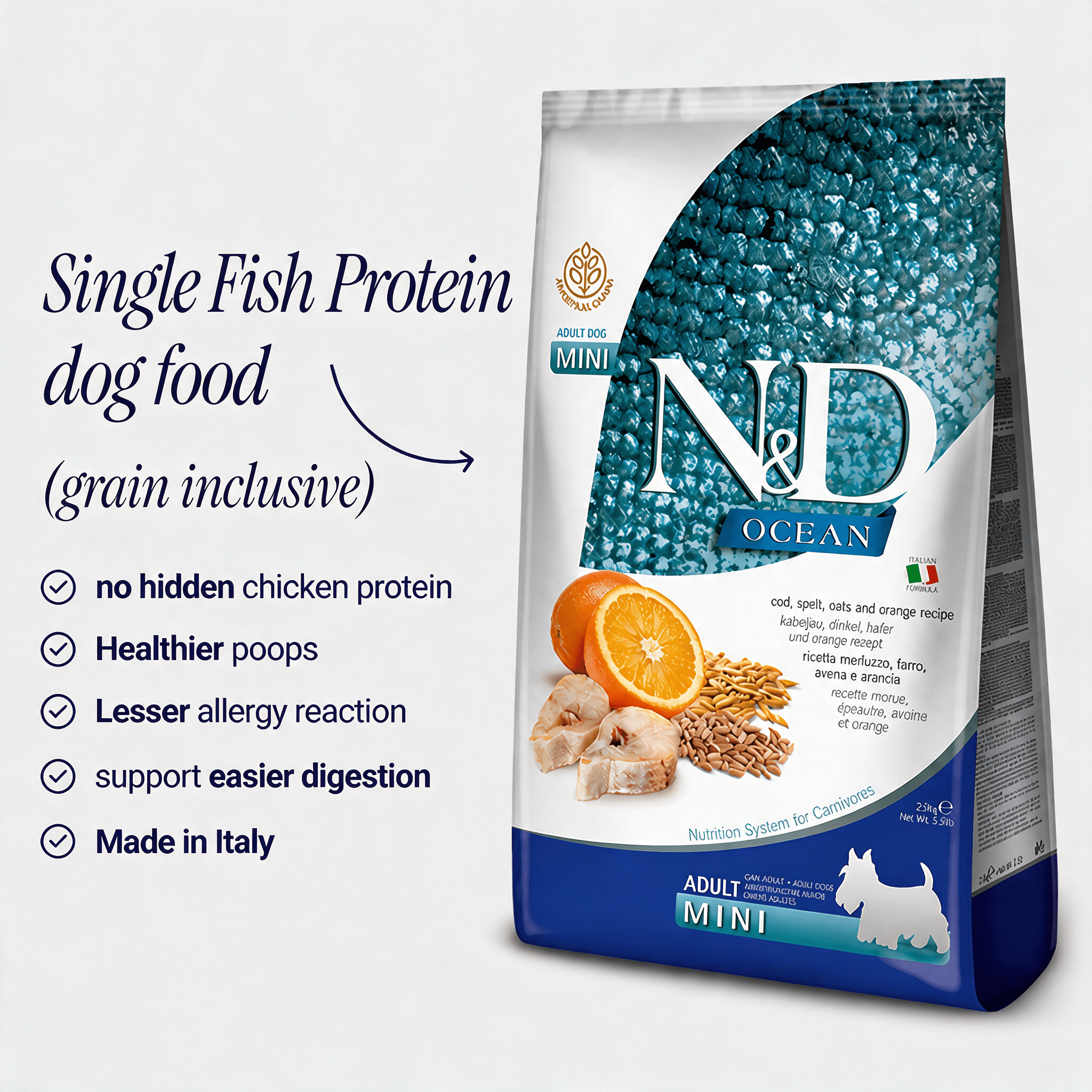 Farmina - N&D Ancestral Grain Ocean Dog Adult Mini - Codfish, Spelt, Oats & OrangeDogsSuperpets Trading