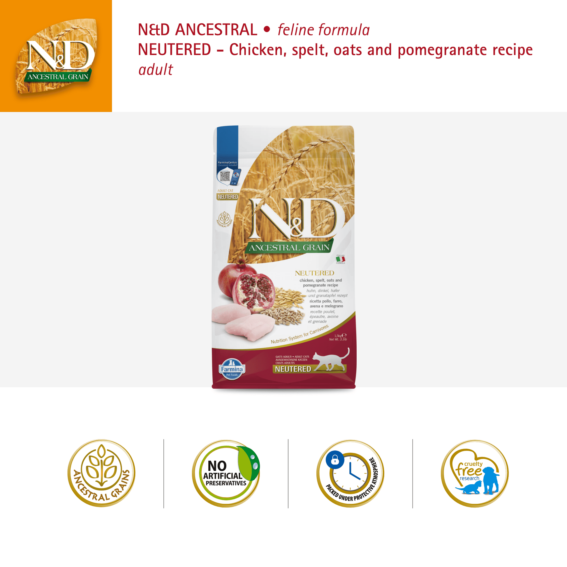 Farmina N&D Cat Adult Ancestral Grain Neutered - Chicken & PomegranateCatsSuperpets Trading