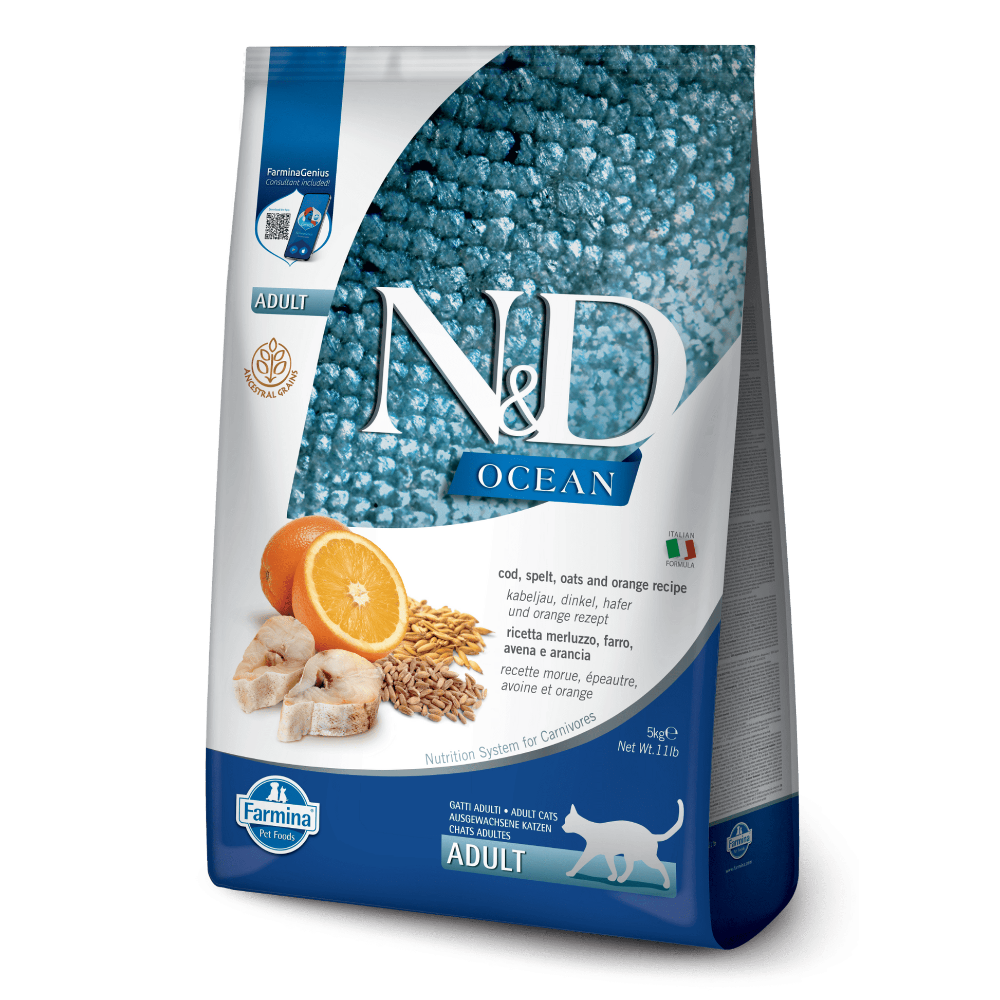 Farmina N&D Cat Adult Ocean Ancestral Grain - Codfish, Spelt, Oats & OrangeCatsSuperpets Trading