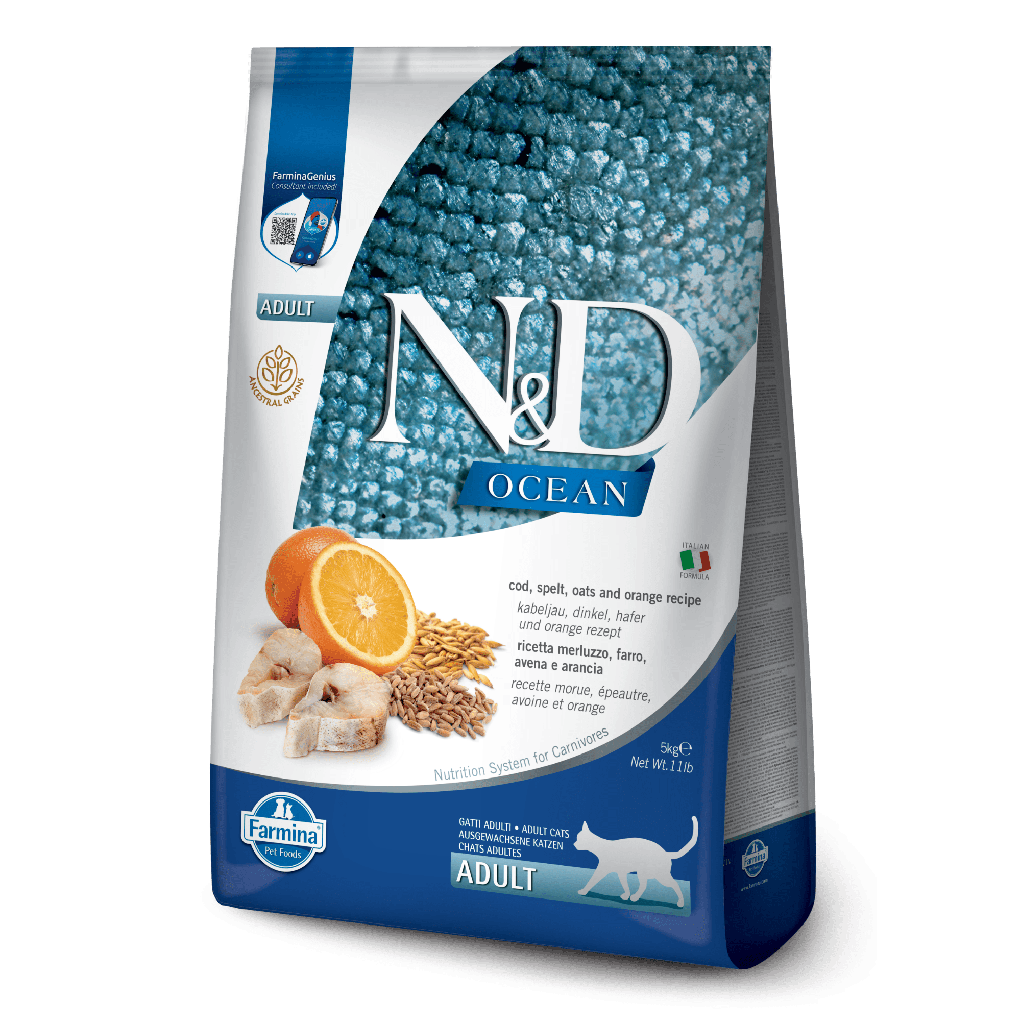 Farmina N&D Cat Adult Ocean Ancestral Grain - Codfish, Spelt, Oats & OrangeCatsSuperpets Trading