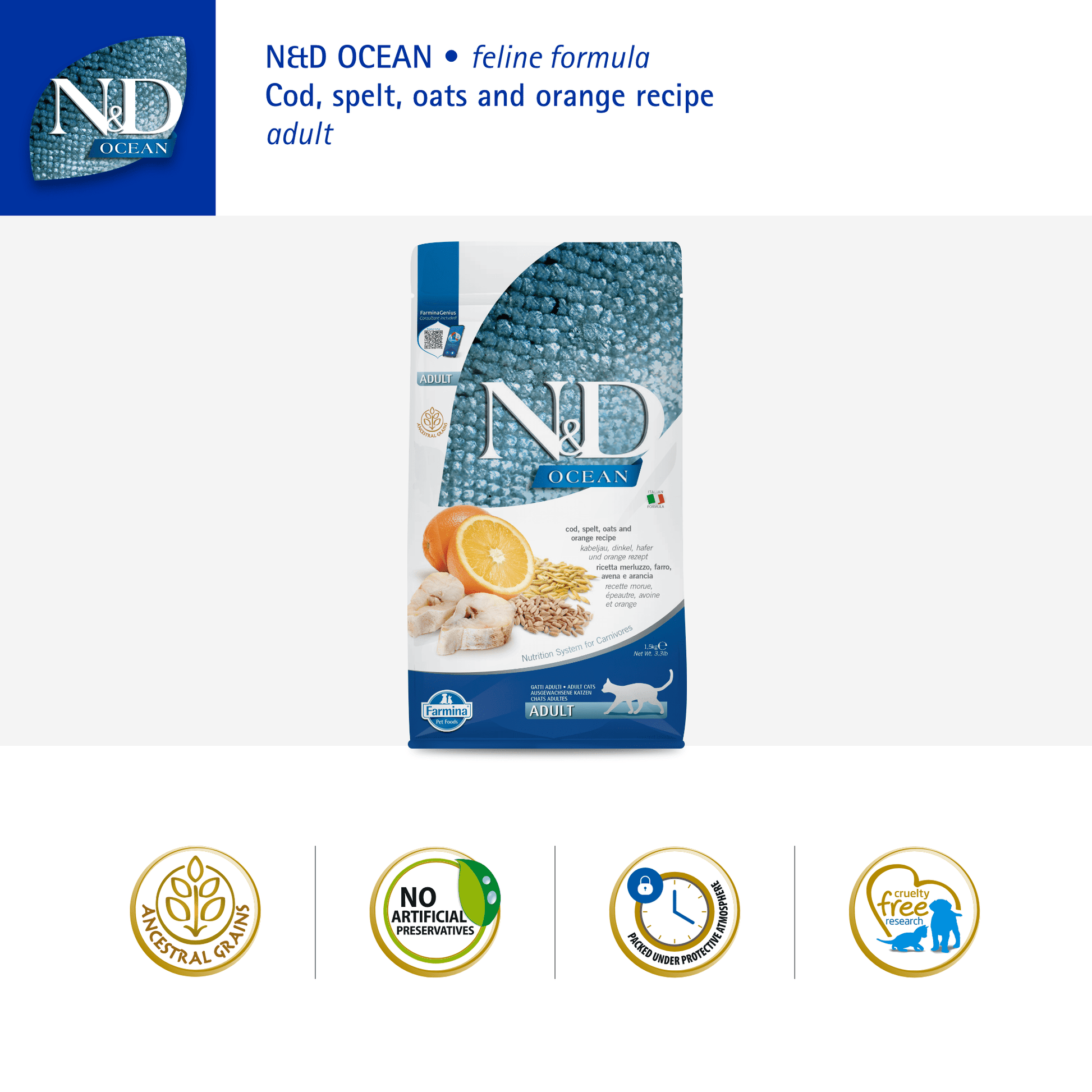 Farmina N&D Cat Adult Ocean Ancestral Grain - Codfish, Spelt, Oats & OrangeCatsSuperpets Trading