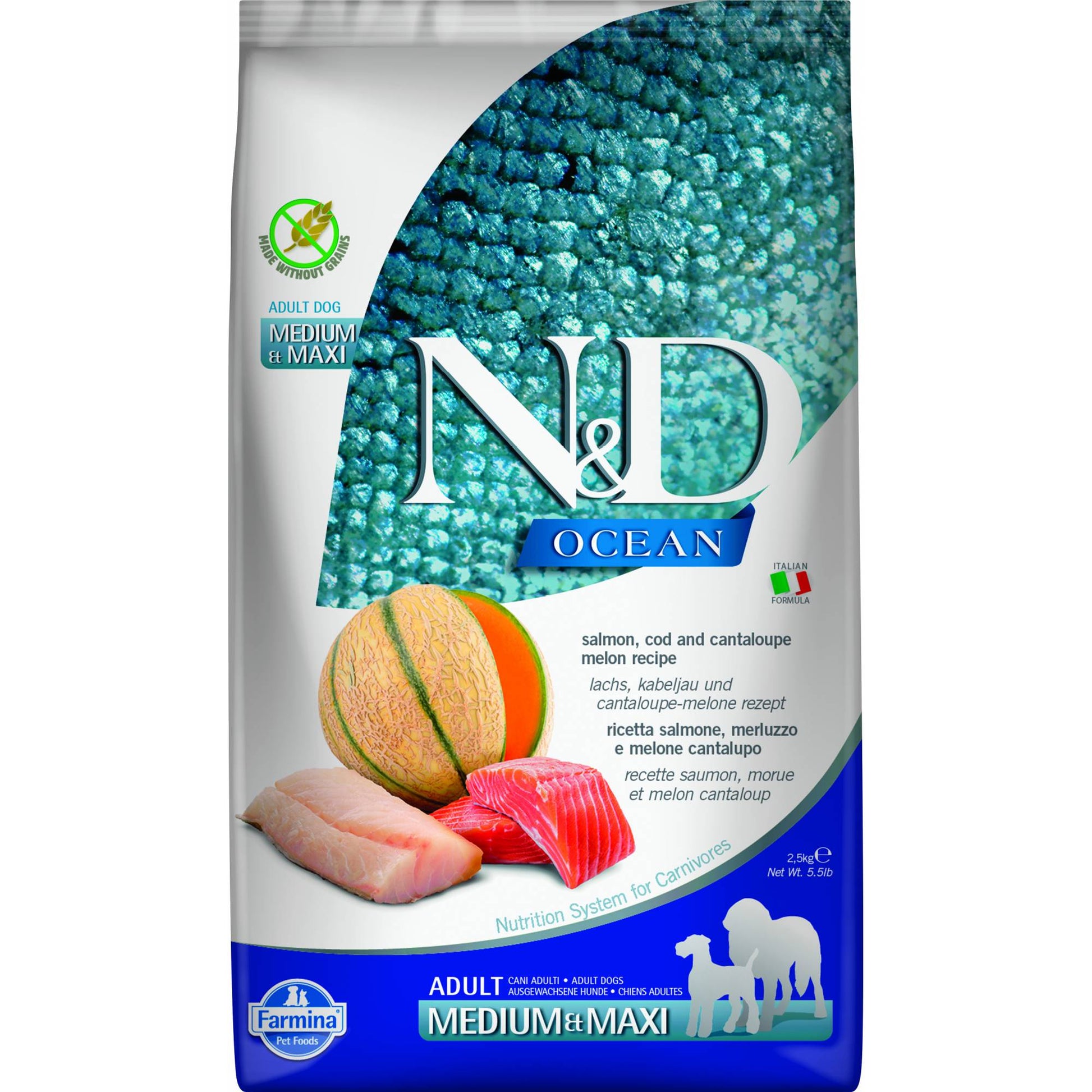 Farmina - N&D Grain-Free Ocean Dog Adult Medium/Maxi - Salmon, Cod and Cantaloupe Melon - 2.5kgSuperpets Trading