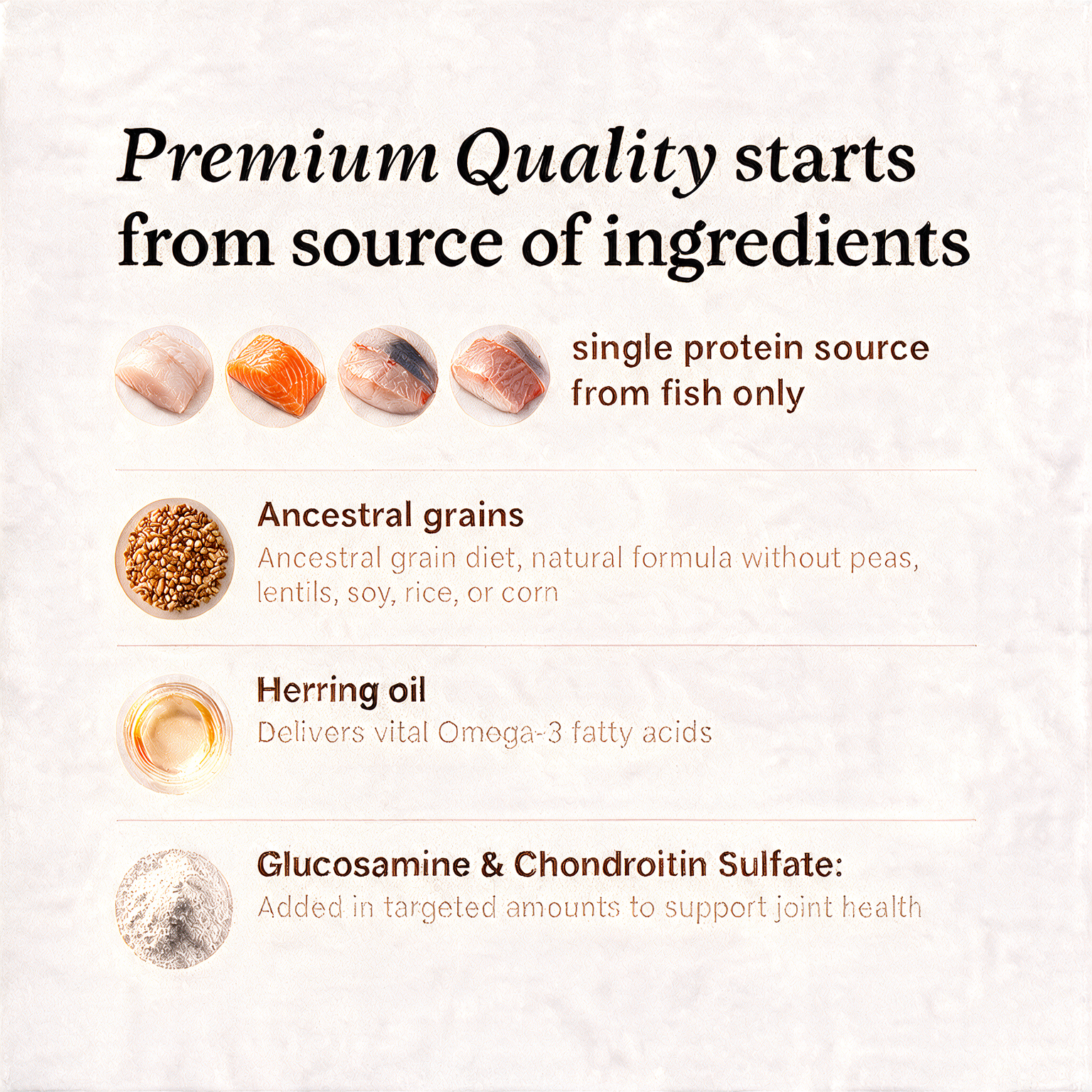 An informational graphic on a light textured background with the headline 'Premium Quality starts from source of ingredients.' It lists four ingredient-related claims with small ingredient visuals: single protein source from fish only, ancestral grains, herring oil, and glucosamine & chondroitin sulfate.