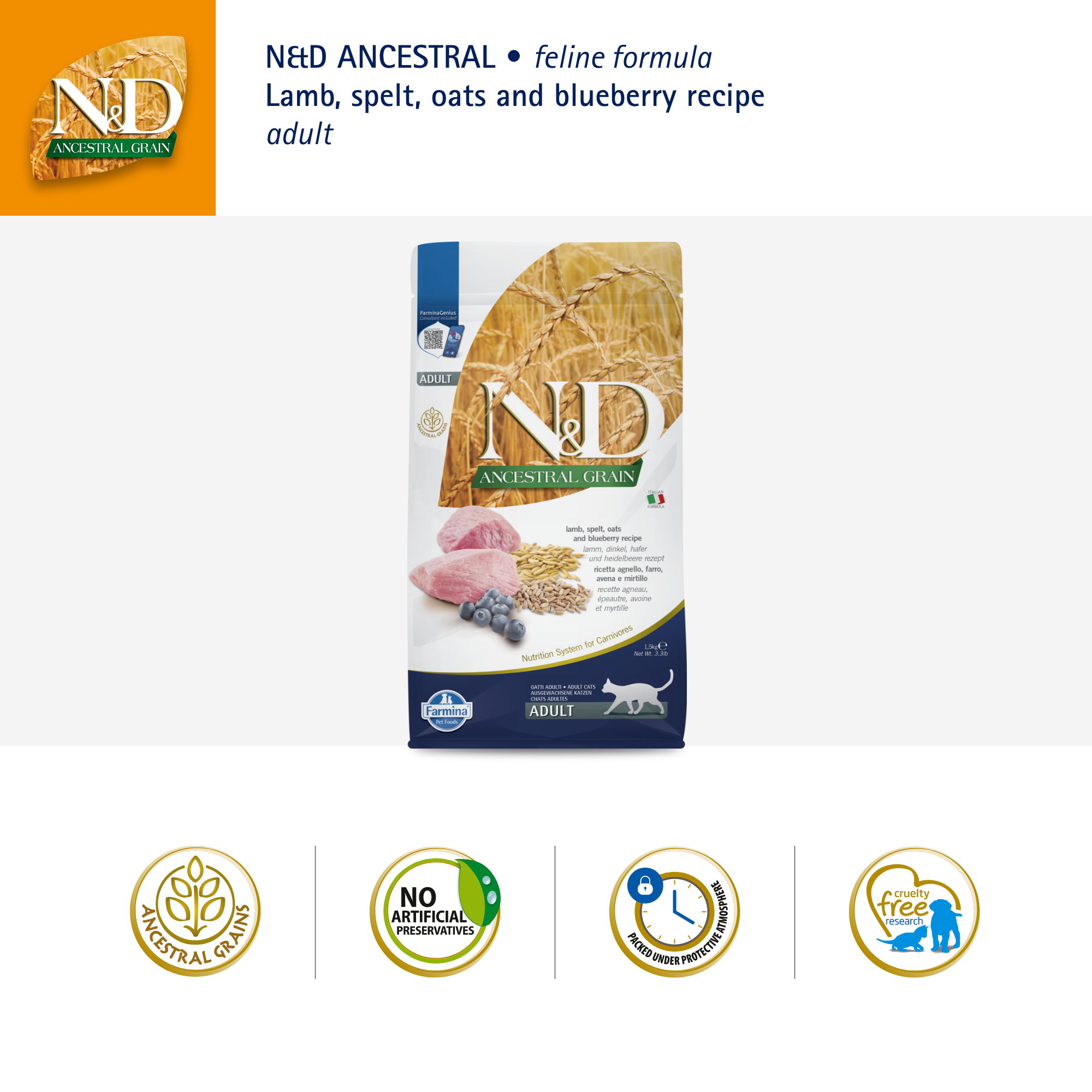 Farmina N&D Ancestral Grain Cat Adult - Lamb & Blueberry