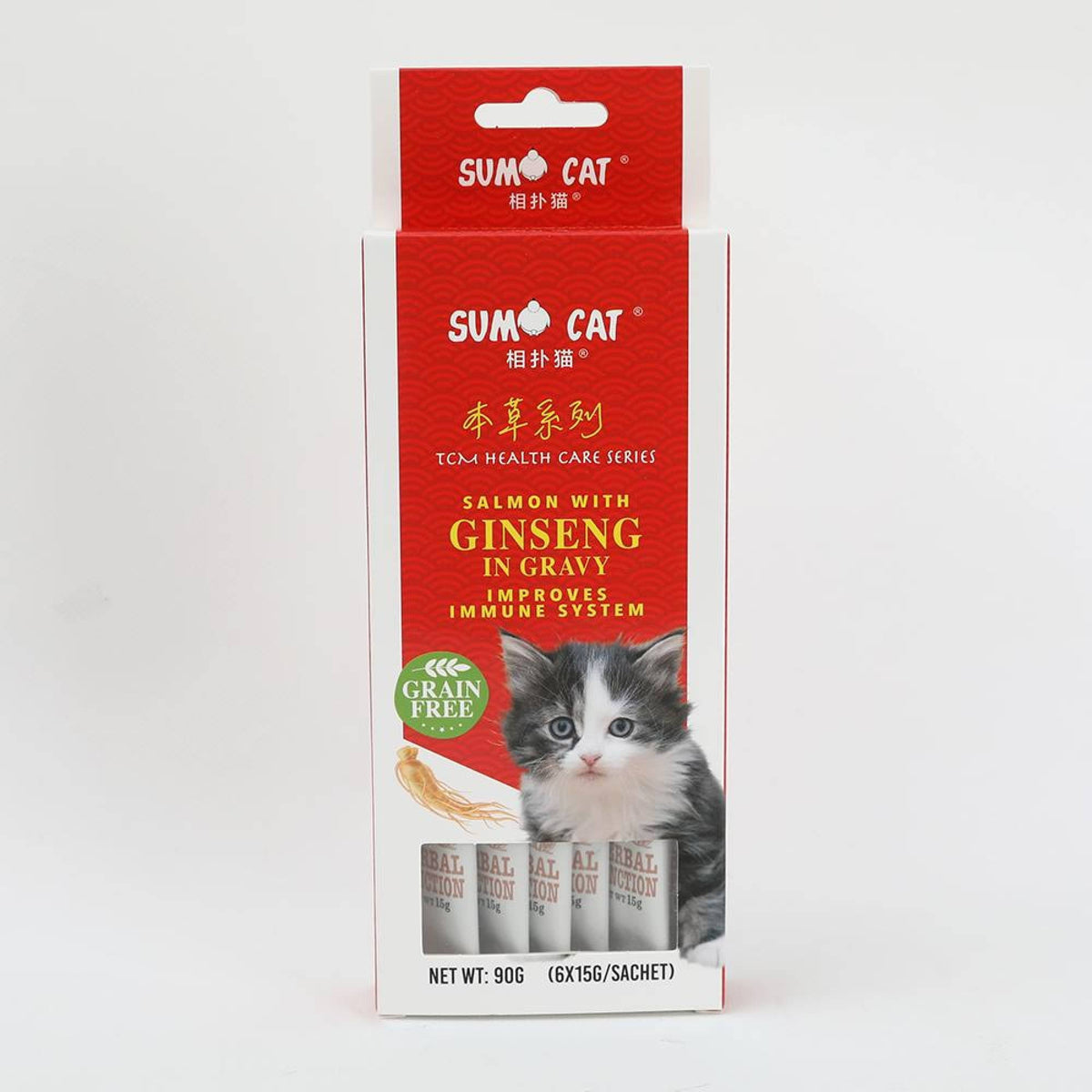 Sumo TCM Cat Treats -Salmon with Ginseng in Gravy 90g (Improves immune system) (6x15g Sachet)Superpets Trading