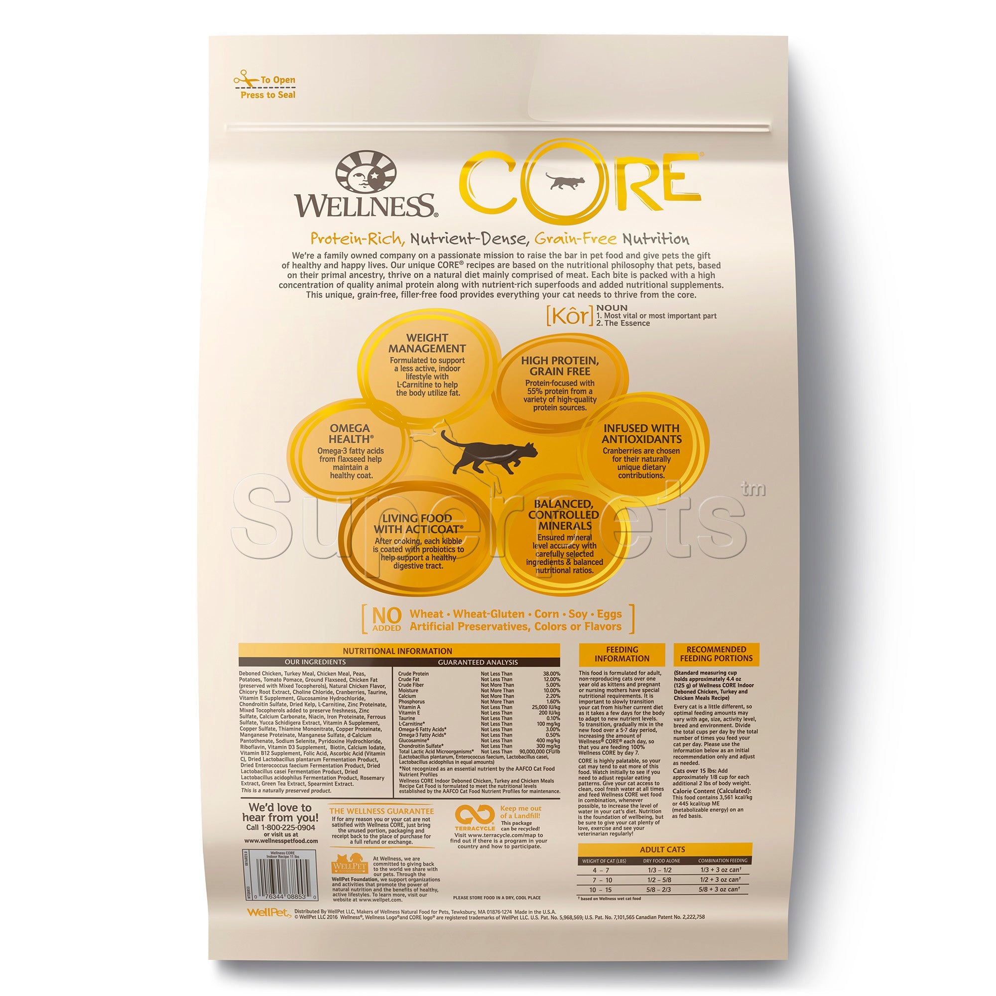 Wellness - Cat Dry Core Grain-Free Indoor Deboned Chicken, Turkey & Chicken Meals Recipe 11lb (4.9kg)Superpets Trading