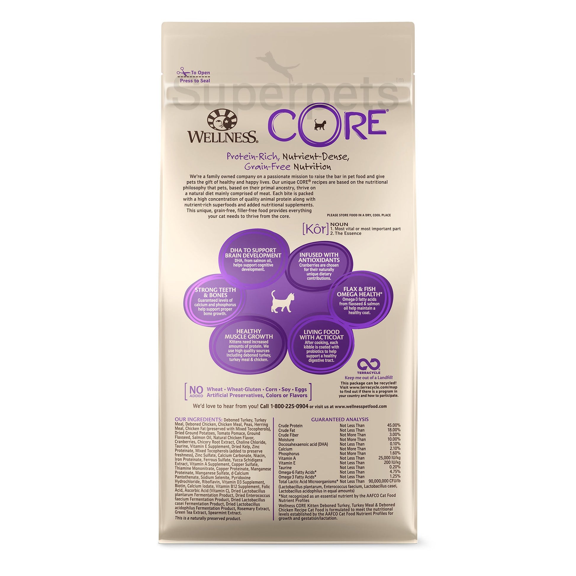 Wellness - Cat Dry Core Grain-Free Kitten Deboned Turkey, Turkey Meal & Deboned Chicken Recipe 2lb (0.9kg)Superpets Trading