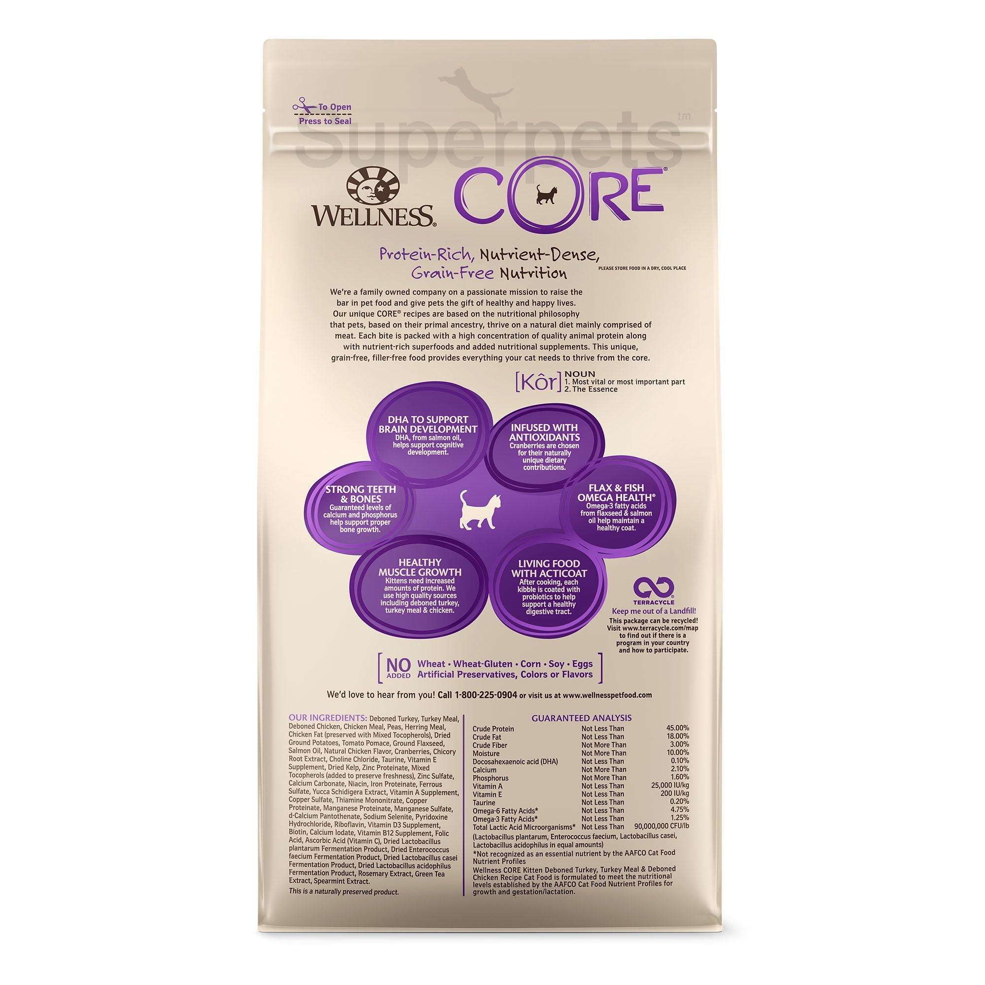 Wellness - Cat Dry Core Grain-Free Kitten Deboned Turkey, Turkey Meal & Deboned Chicken Recipe 5lb (2.2kg)Superpets Trading