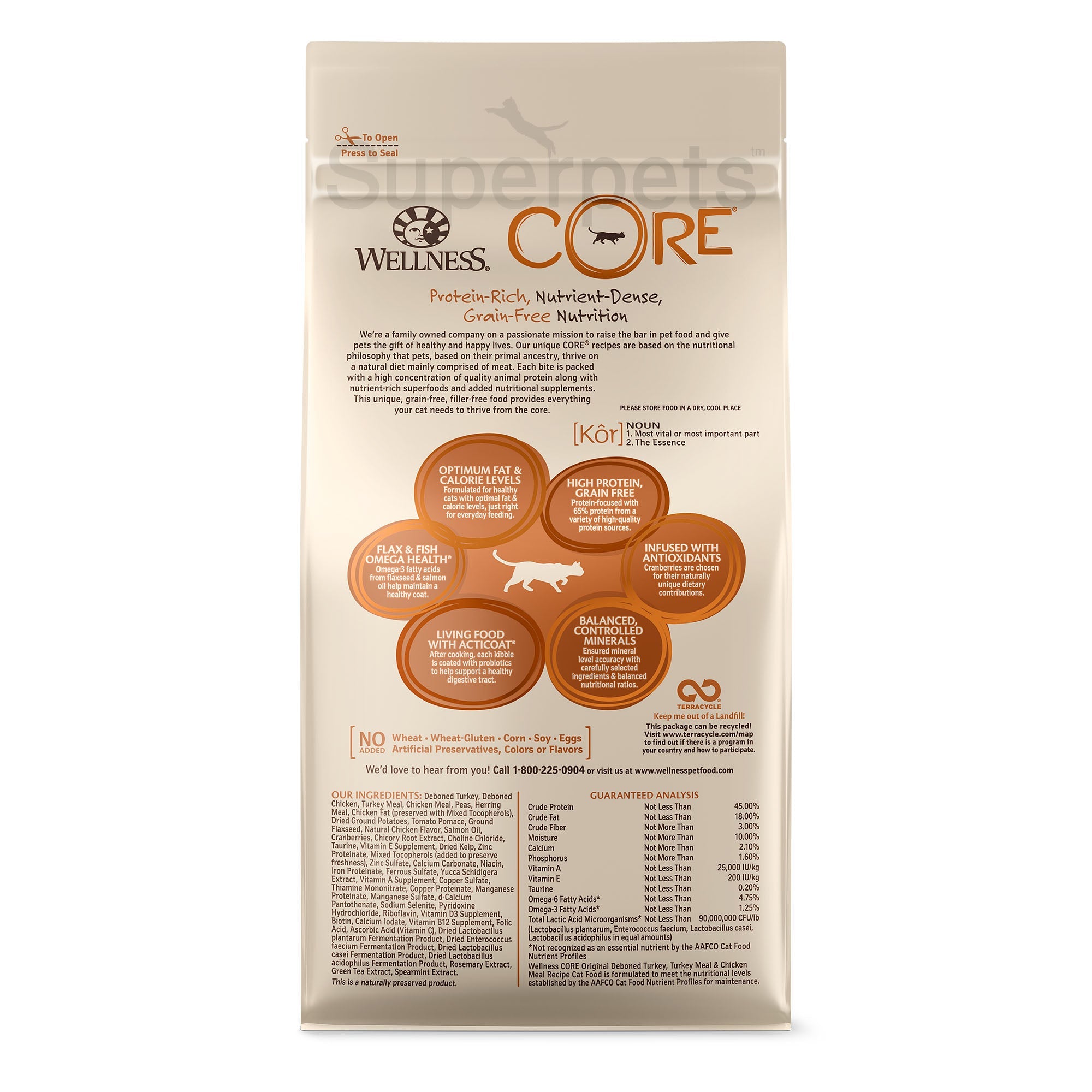 Wellness - Cat Dry Core Grain-Free Original Deboned Turkey, Turkey Meal & Chicken Meal Recipe 2lb (0.9kg)Superpets Trading