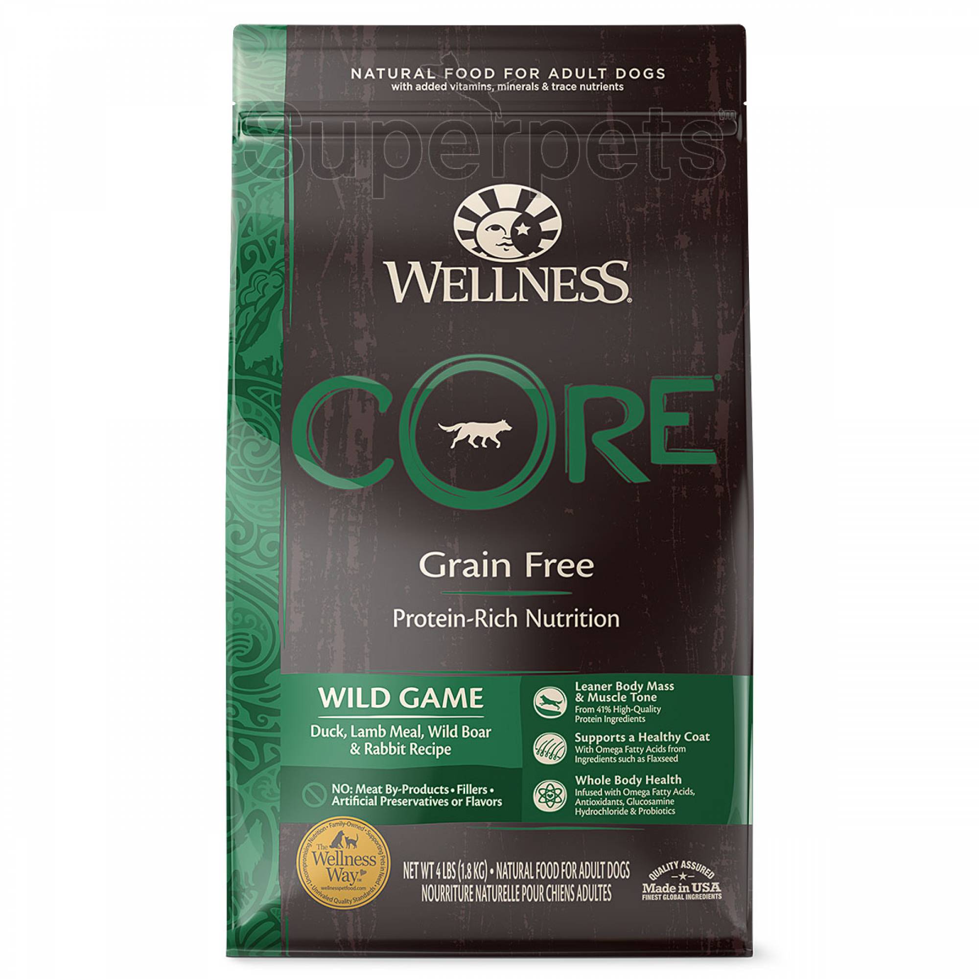 Wellness - Dog Dry Core Grain-Free Wild Game Duck, Lamb, Wild Boar & Rabbit Recipe 4lb (1.8kg)Superpets Trading